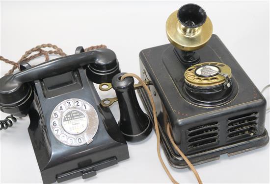 A 1920s long distance telephone and a black Bakelite GPO phone.
